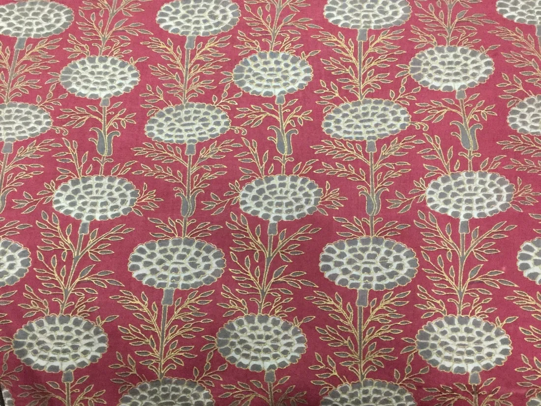 100% Cotton Printed Burgundy with grey floral golden jacquard Fabric 44" wide sold by the yard [11171]