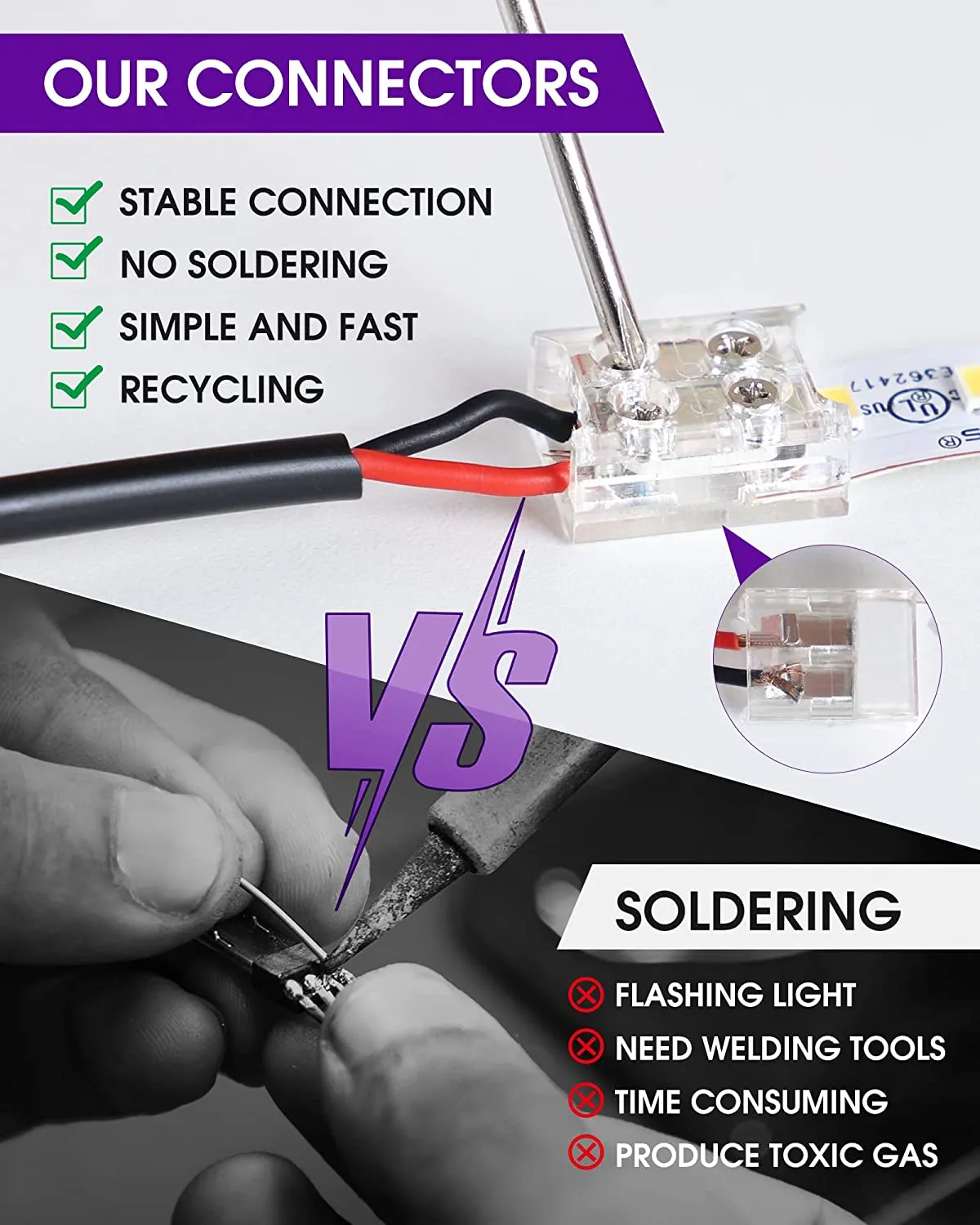 10mm 2 Pin Solderless Transparent Terminal Block LED Light Strip Connectors: Single Color (12 Pack)