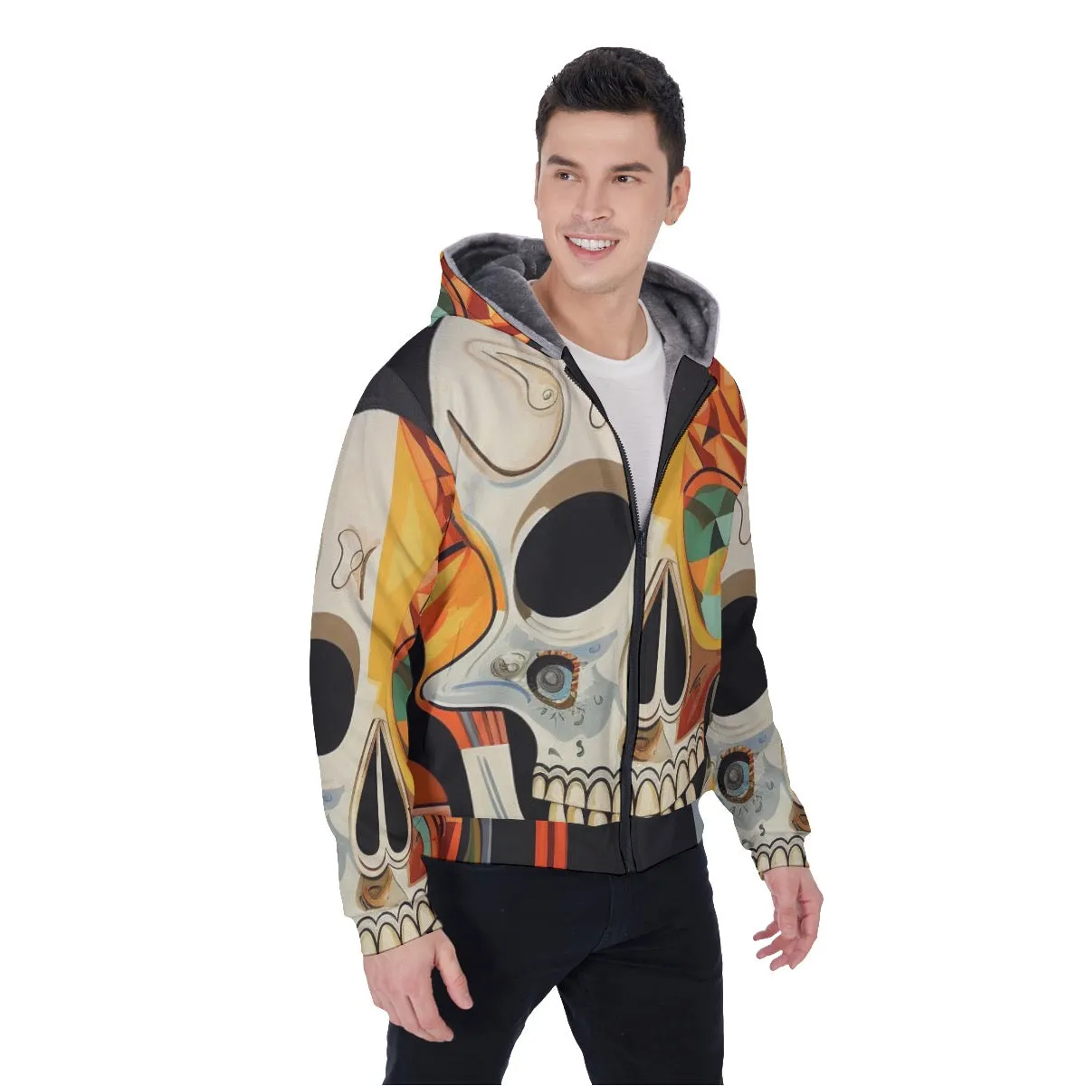 All-Over Print Men's Sherpa Fleece Zip Up Hoodie, skull, themed, print, #25NN