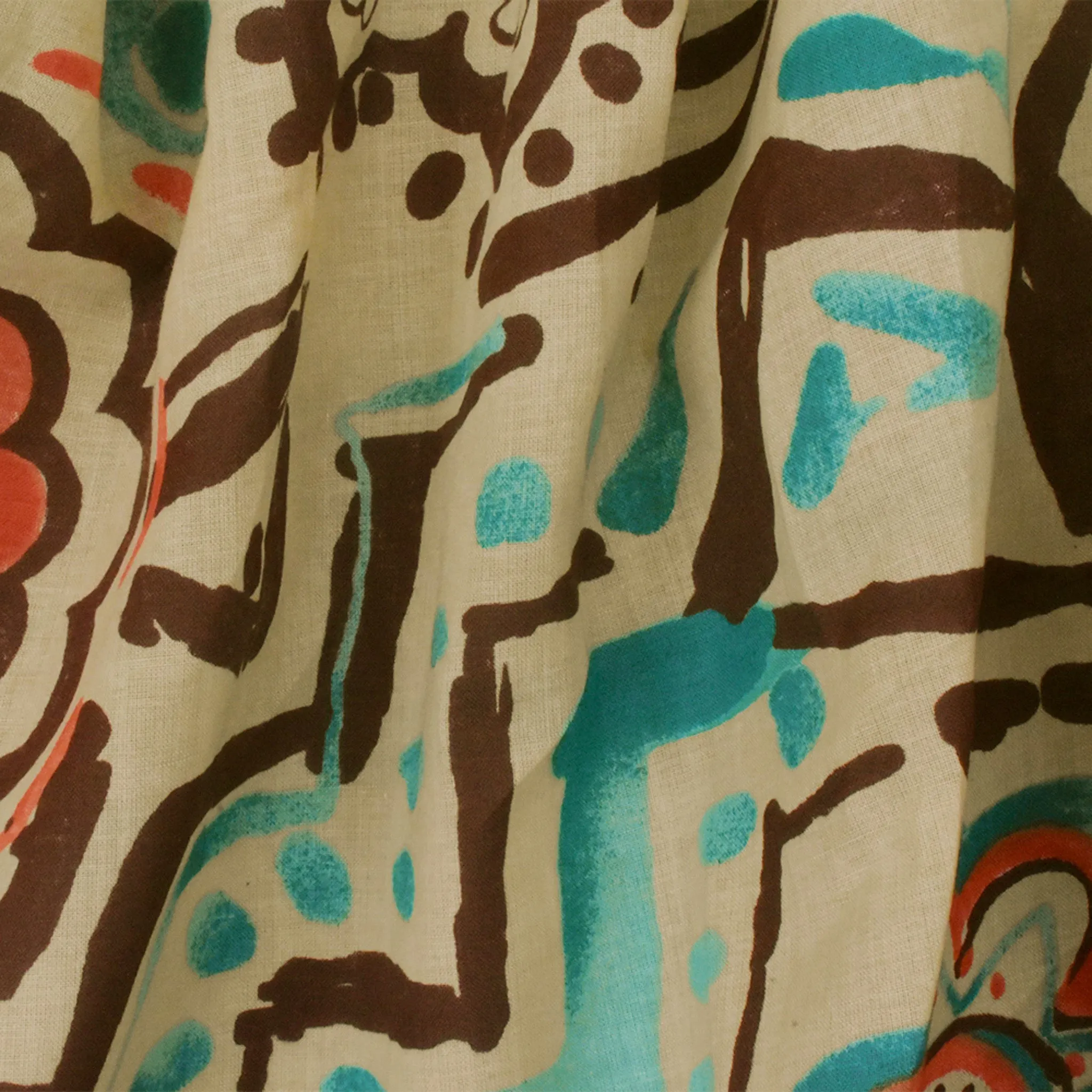 Beige-Teal-Multi Aztec And Floral Printed Cotton Voile Woven Fabric