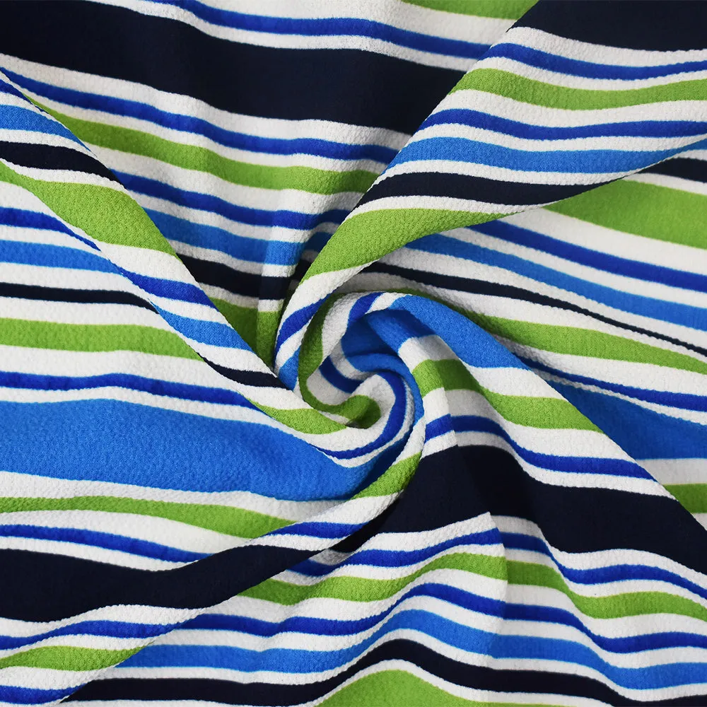 Blue-Multi Stripe Printed Stretch Poly Spandex Ghost Crepe Woven Fabric