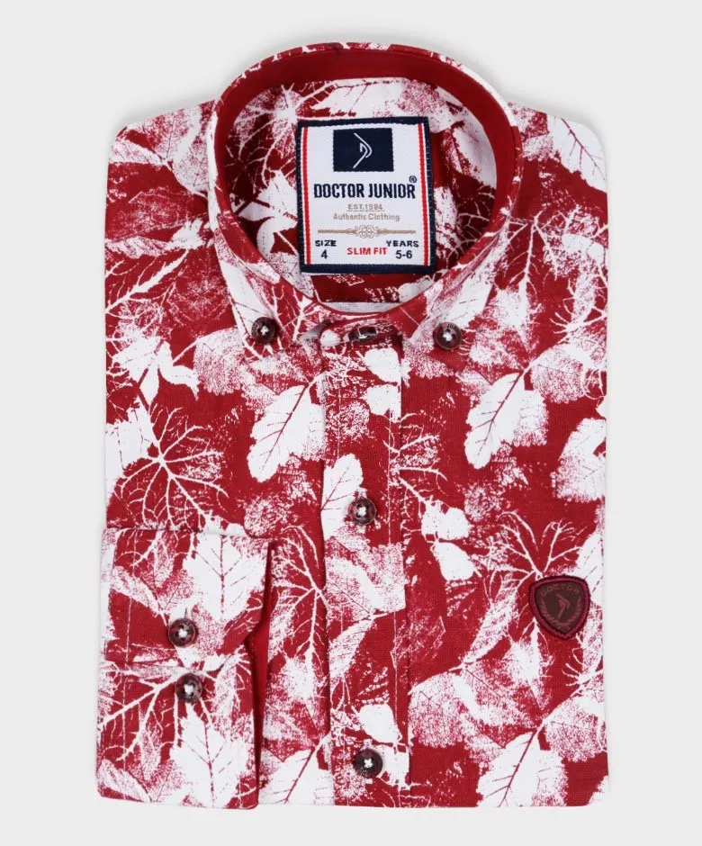 Boys Slim Fit Leaf Print Fashion Shirt - Burgundy - White