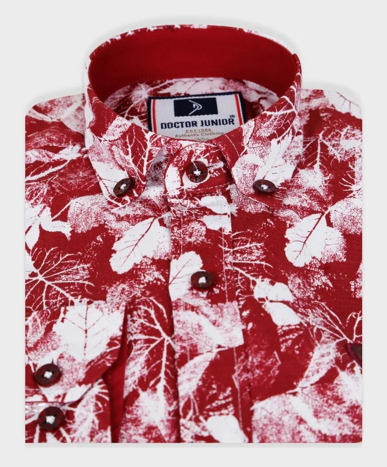 Boys Slim Fit Leaf Print Fashion Shirt - Burgundy - White