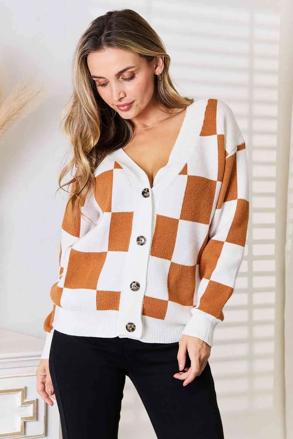 Button-Up V-Neck Dropped Shoulder Checkered Cardigan in Camel