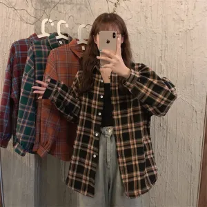 Christmas Gift Joskaa Vintage Plaid Women Shirts Korean Loose Button Up Lantern Long Sleeve Oversize Shirt Casual Fall Soft Loose Ladies Tops