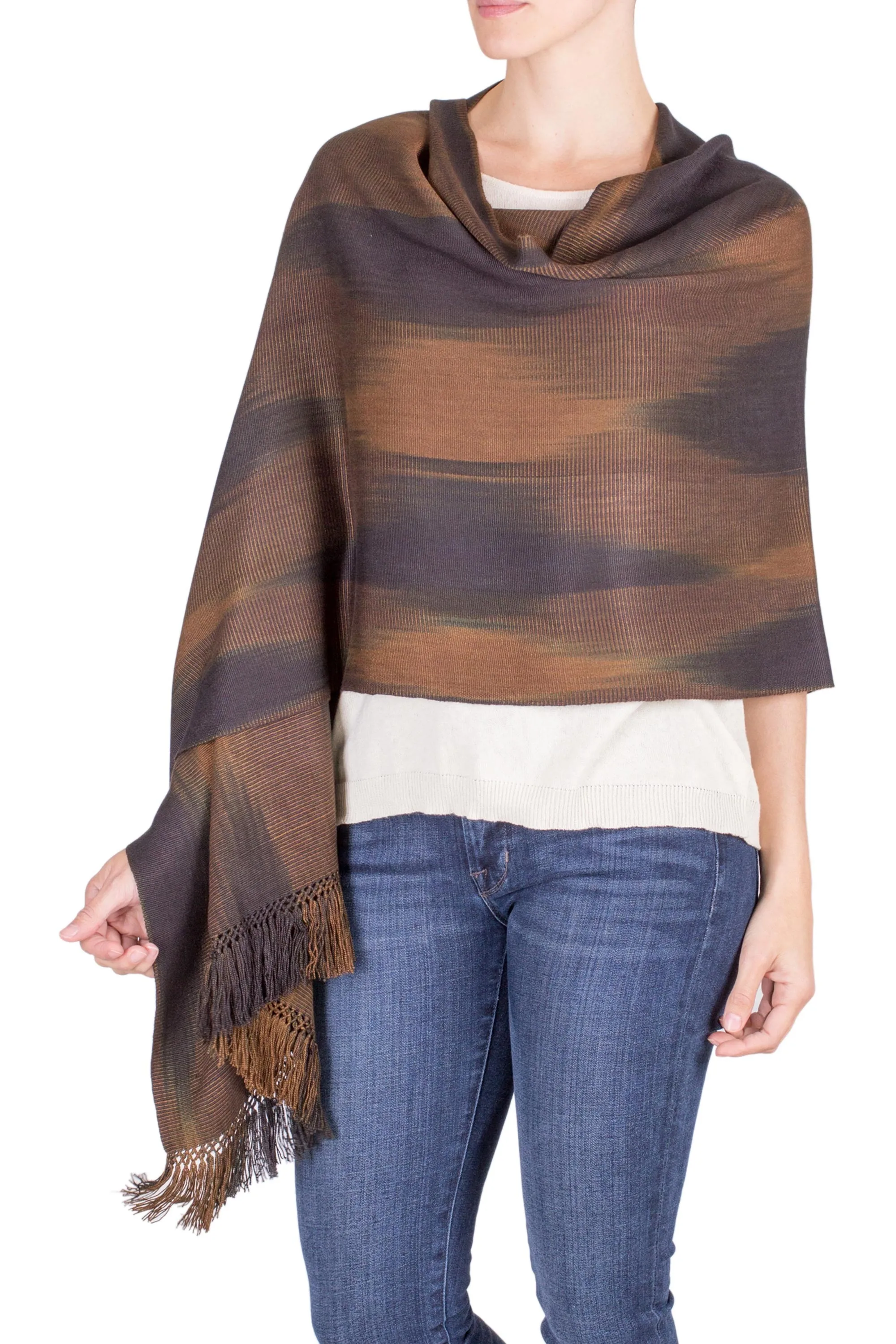 Coffee Rayon Chenille Shawl Hand Woven in Earth Tones