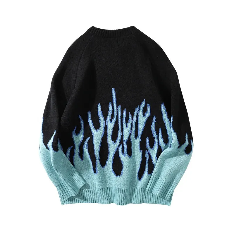 Cool Retro Sweater with Blue Flame Pattern / O-neck Oversize Casual Sweaters for Men and Women