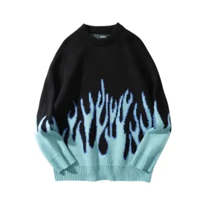 Cool Retro Sweater with Blue Flame Pattern / O-neck Oversize Casual Sweaters for Men and Women