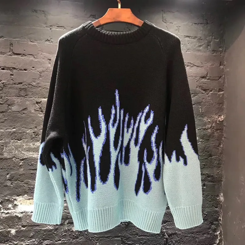 Cool Retro Sweater with Blue Flame Pattern / O-neck Oversize Casual Sweaters for Men and Women