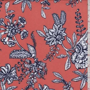 Coral/Navy Stylized Floral Double Brushed Jersey Knit Fabric