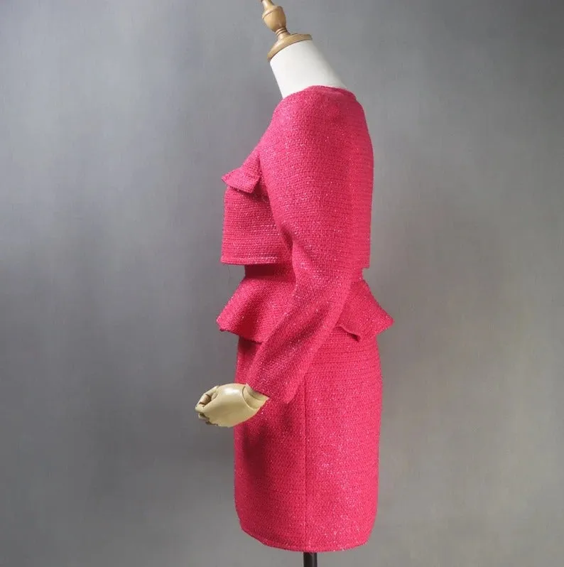 Custom Tailored Women Tweed Ruffle Dress Hot Pink