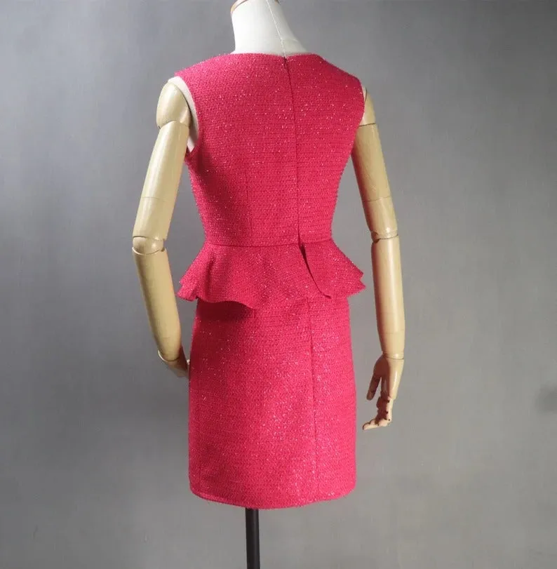 Custom Tailored Women Tweed Ruffle Dress Hot Pink