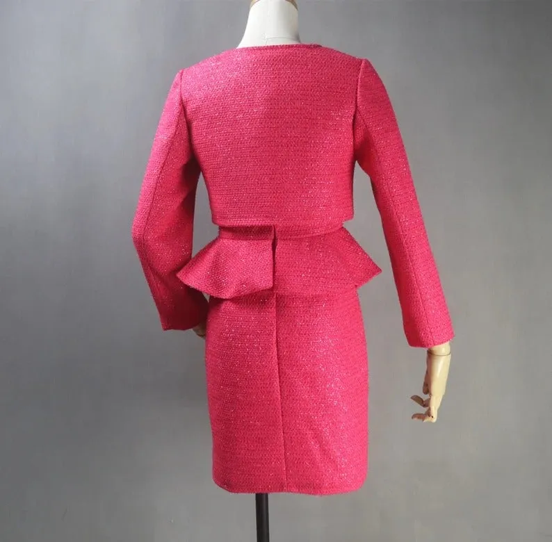 Custom Tailored Women Tweed Ruffle Dress Hot Pink