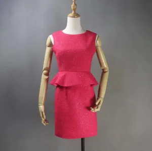 Custom Tailored Women Tweed Ruffle Dress Hot Pink