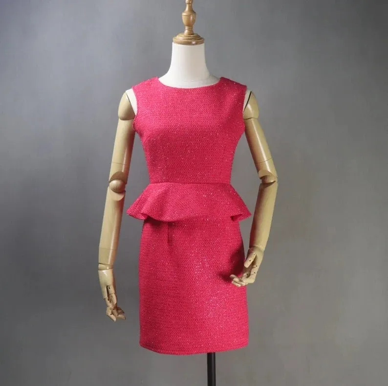 Custom Tailored Women Tweed Ruffle Dress Hot Pink