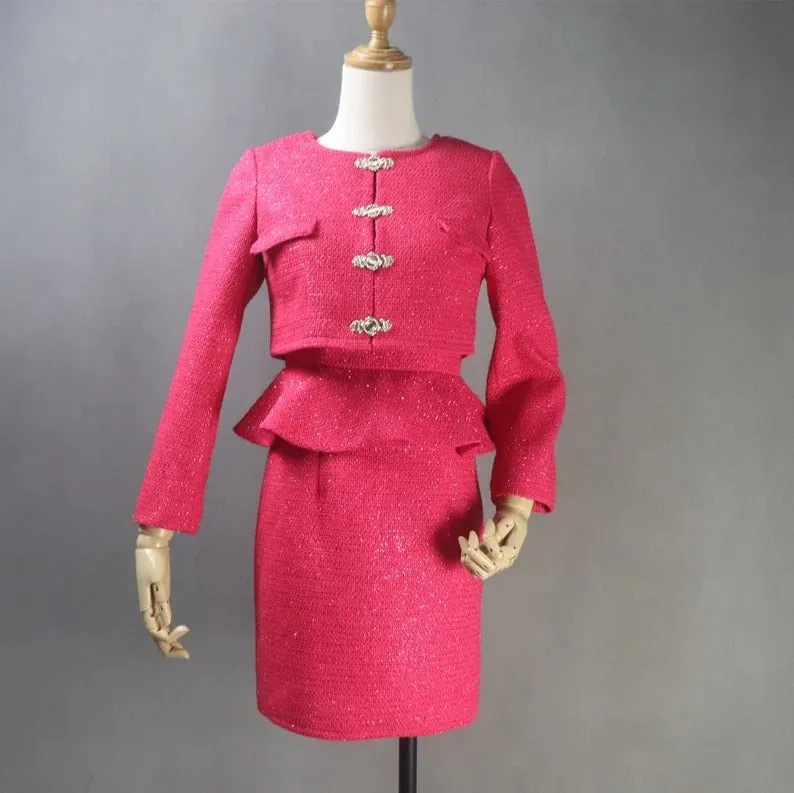 Custom Tailored Women Tweed Ruffle Dress Hot Pink