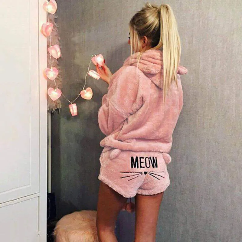 Cute Cat Meow Pattern Coral Velvet Pajama Set for Women