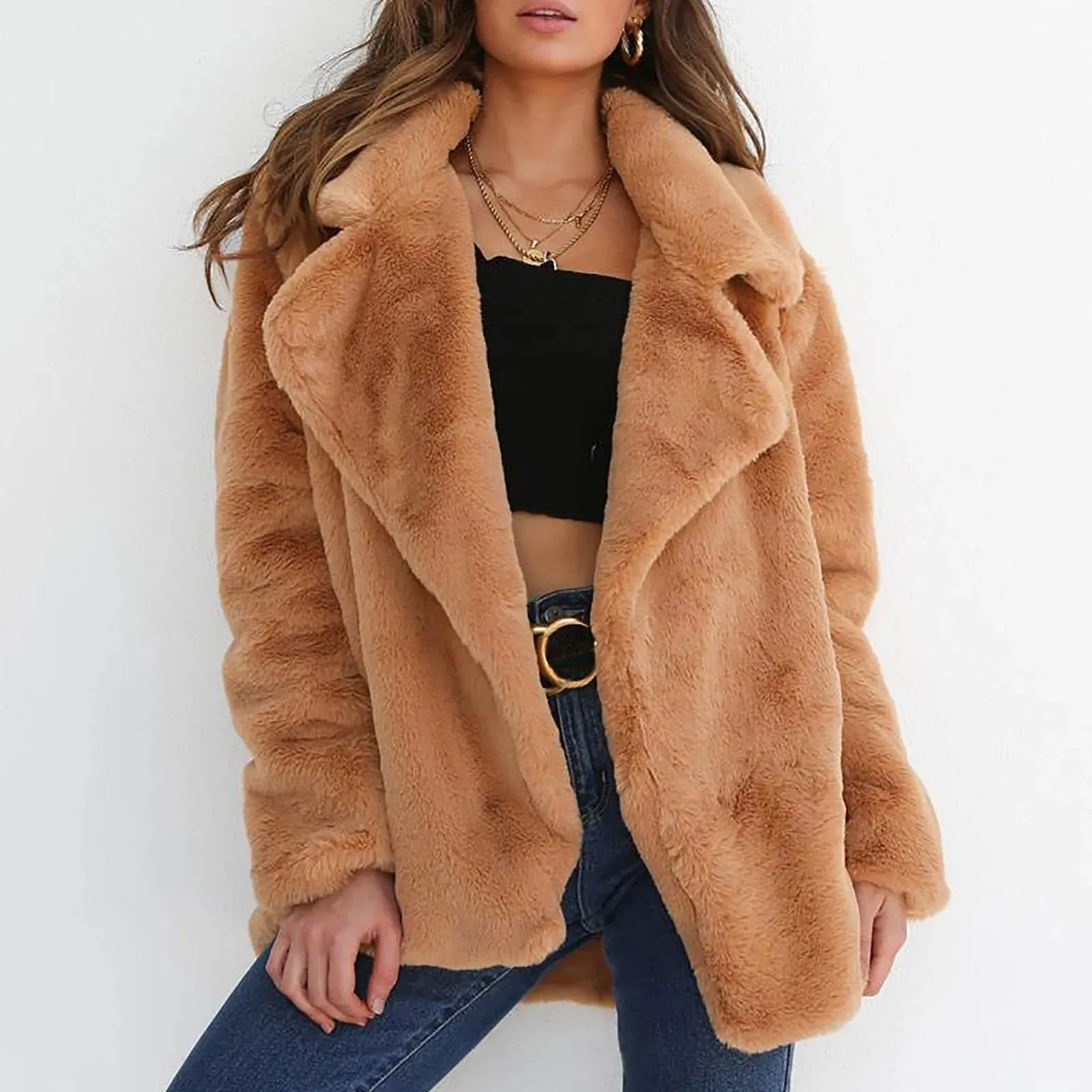 Fur Jackets Turn Down Collar Outwear Casual Female Pink Black Light Brown Coat