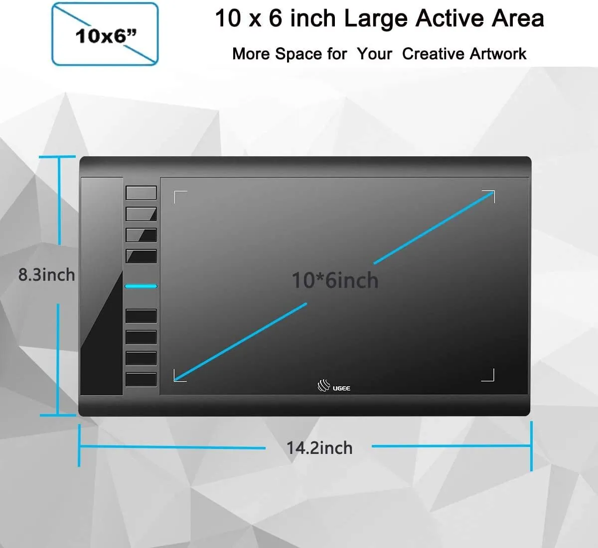 Graphics Drawing Tablet, UGEE M708 10 X 6 Inch Large Drawing Tablet with 8 Hot Keys, Passive Stylus of 8192 Levels Pressure, UGEE M708 Graphics Tablet for Paint, Design, Art Creation Sketch