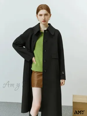 Hepburn Style Polo Collar Long Woolen Autumn Winter Office Lady Single-breasted Full Wool Coat