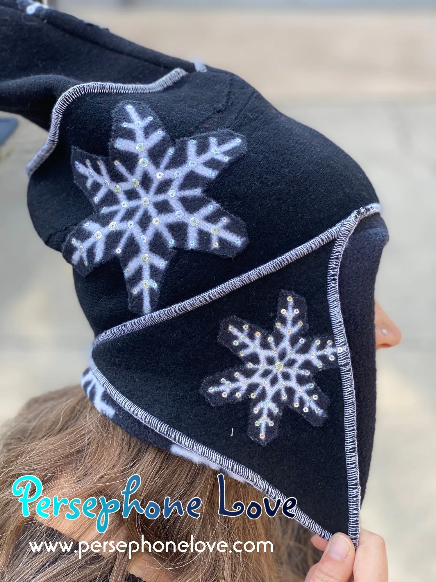 Katwise inspired black white snowflake felted 100% cashmere/fleece sequin pixie elf hat-1437