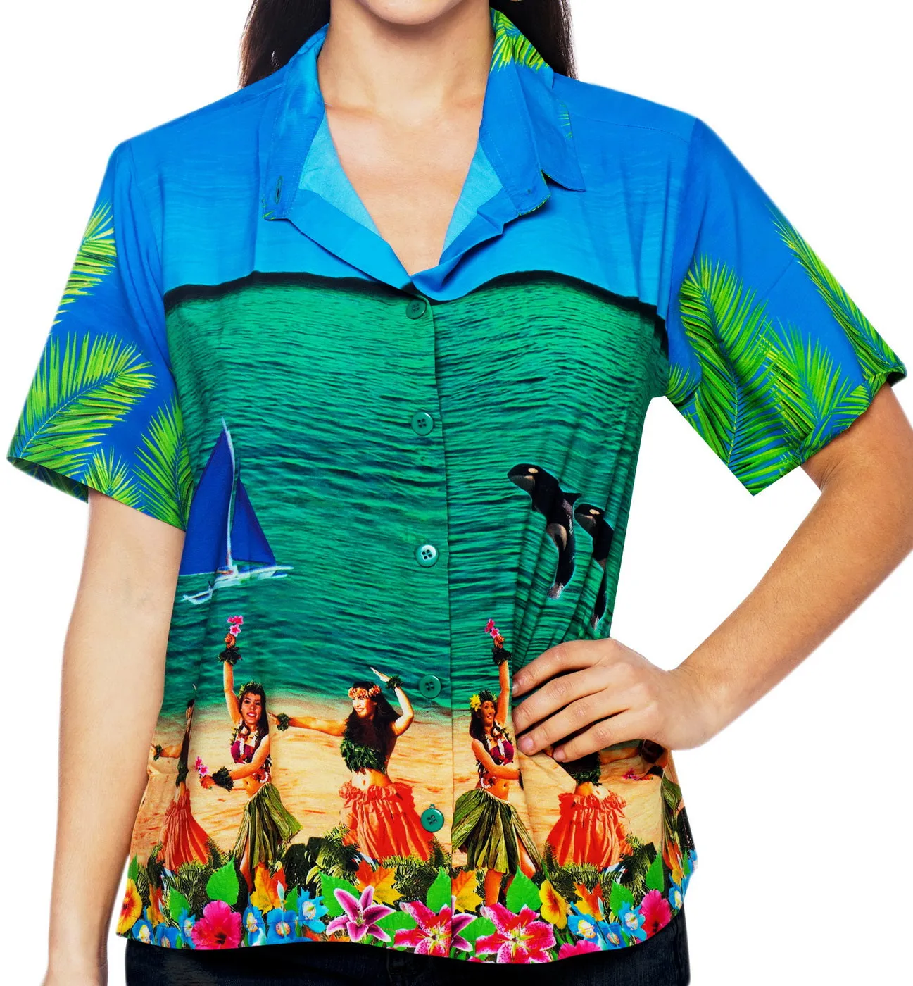 LA LEELA Women's Beach Casual Hawaiian Blouse Short Sleeve button Down Shirt Multicolor DR052