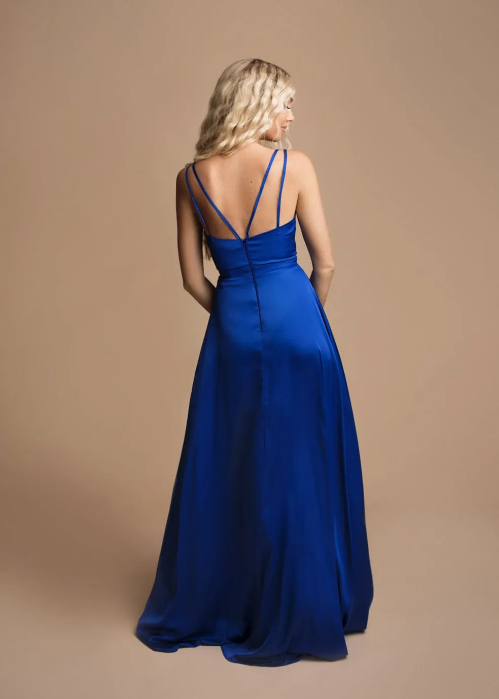 Long Formal Satin Dress with a High Slit and Double Straps