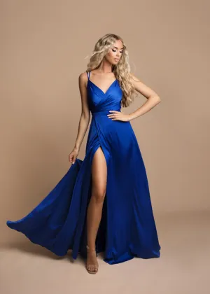 Long Formal Satin Dress with a High Slit and Double Straps