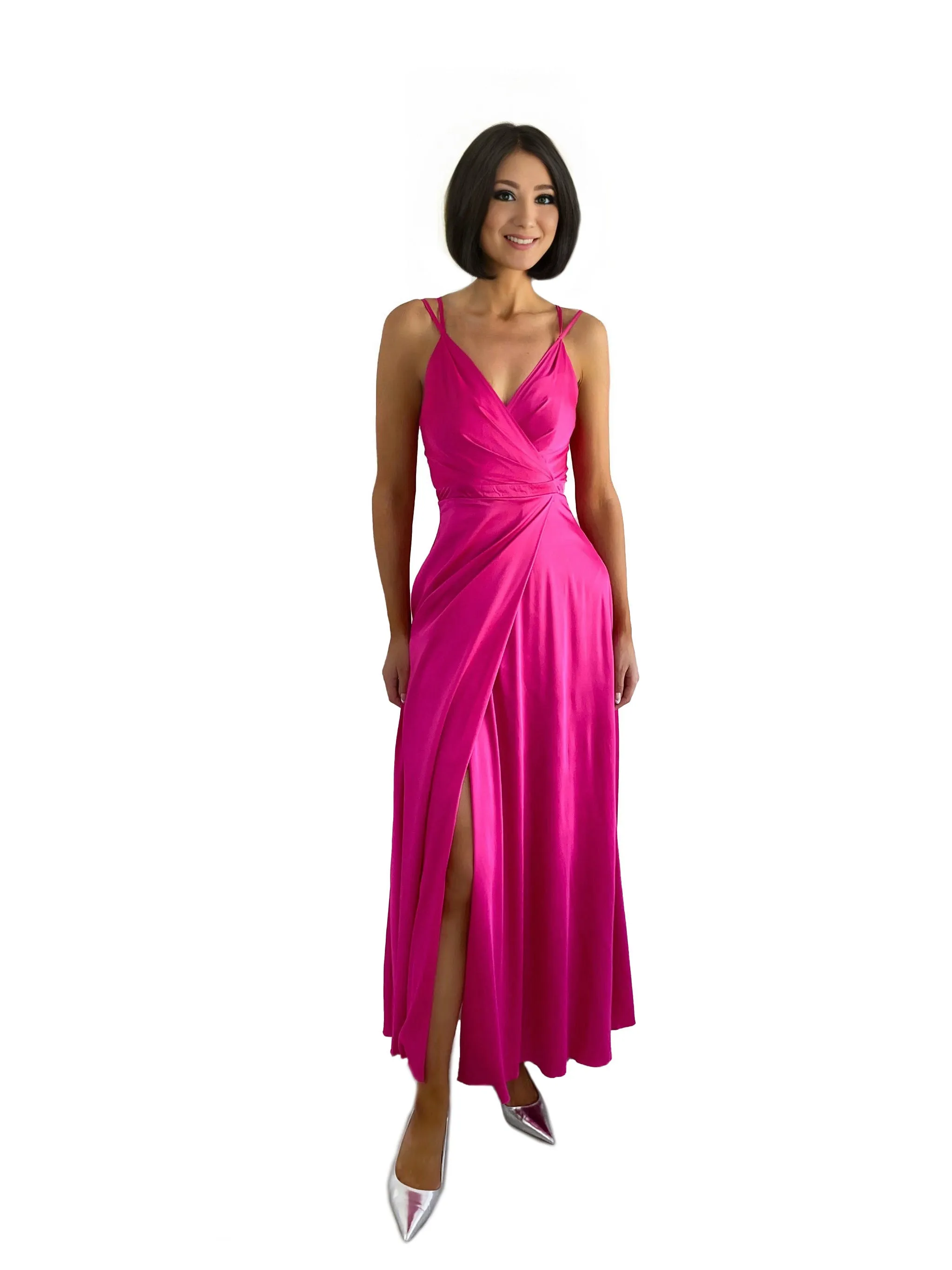 Long Formal Satin Dress with a High Slit and Double Straps