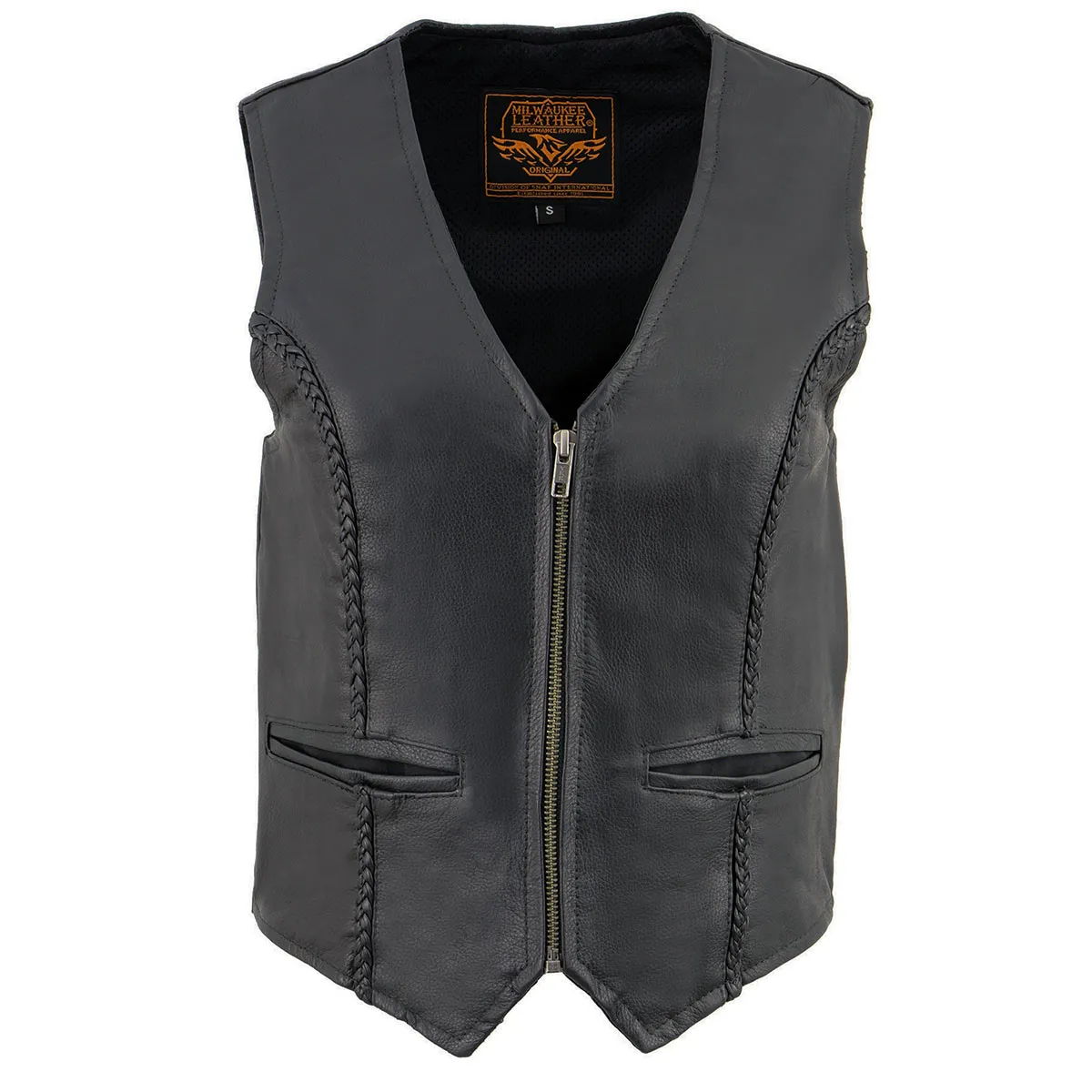 Milwaukee Leather SH1246Z Women's Black 'Braided' Classic Leather Zipper Front Motorcycle Vest