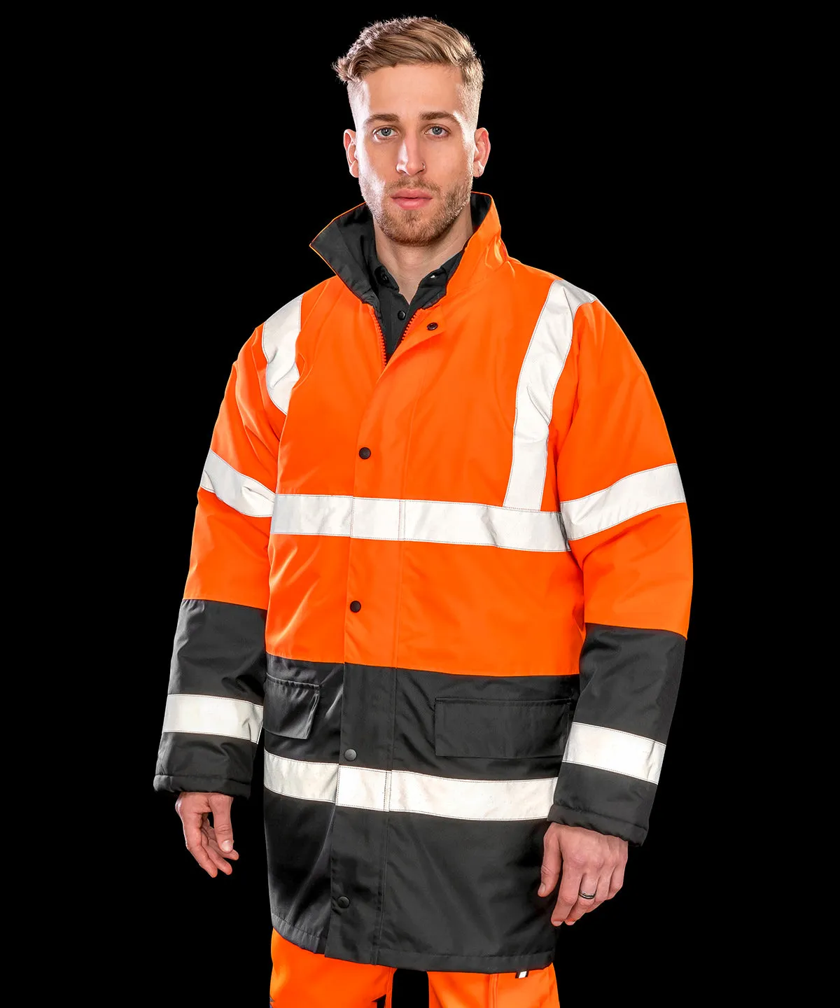 Motorway two-tone safety coat | Fluorescent Orange/Black