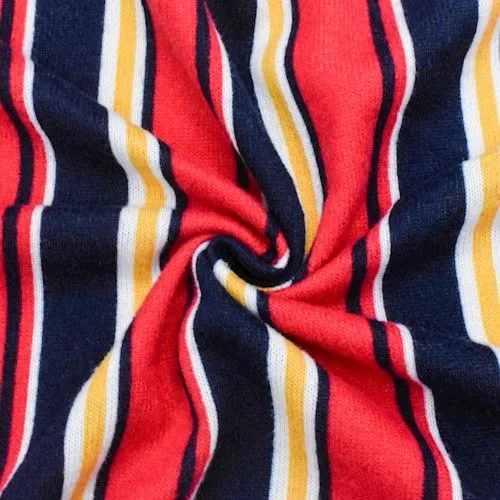 Red/Yellow/Multi Stripe Printed Brushed Jersey Stretch Knit  Fabric