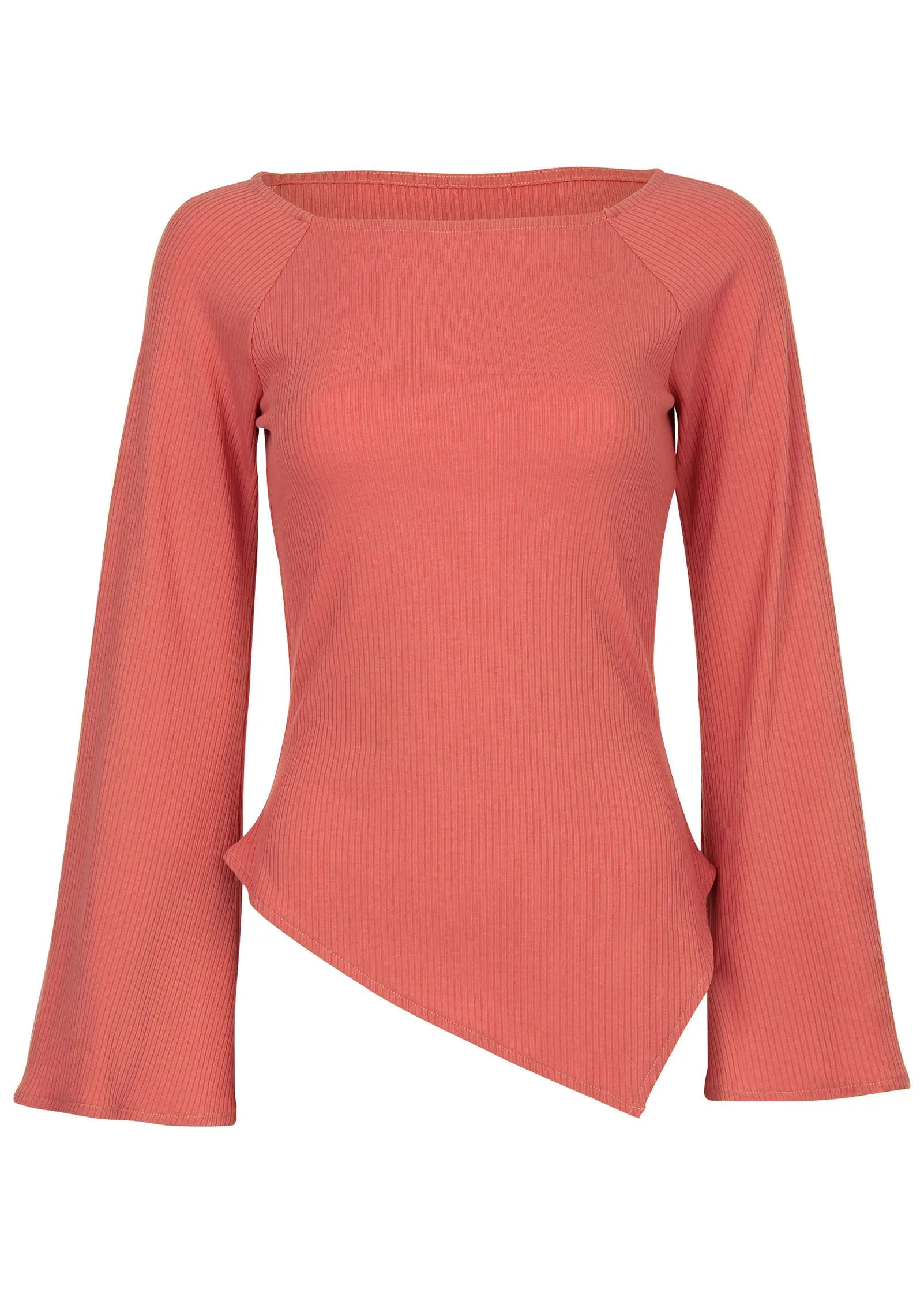 Ribbed Bell Sleeve Top - Mineral Red