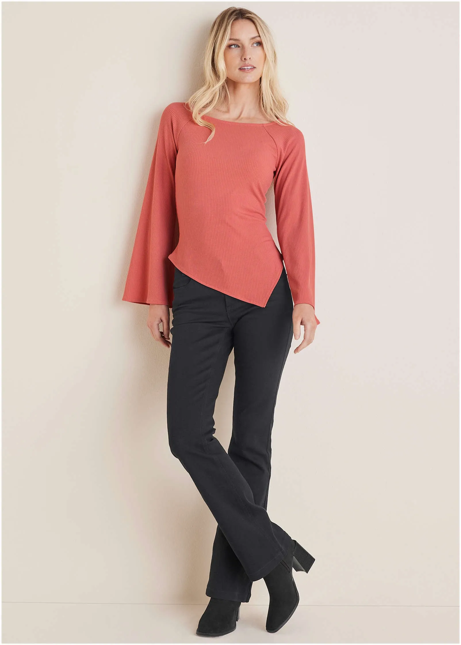 Ribbed Bell Sleeve Top - Mineral Red