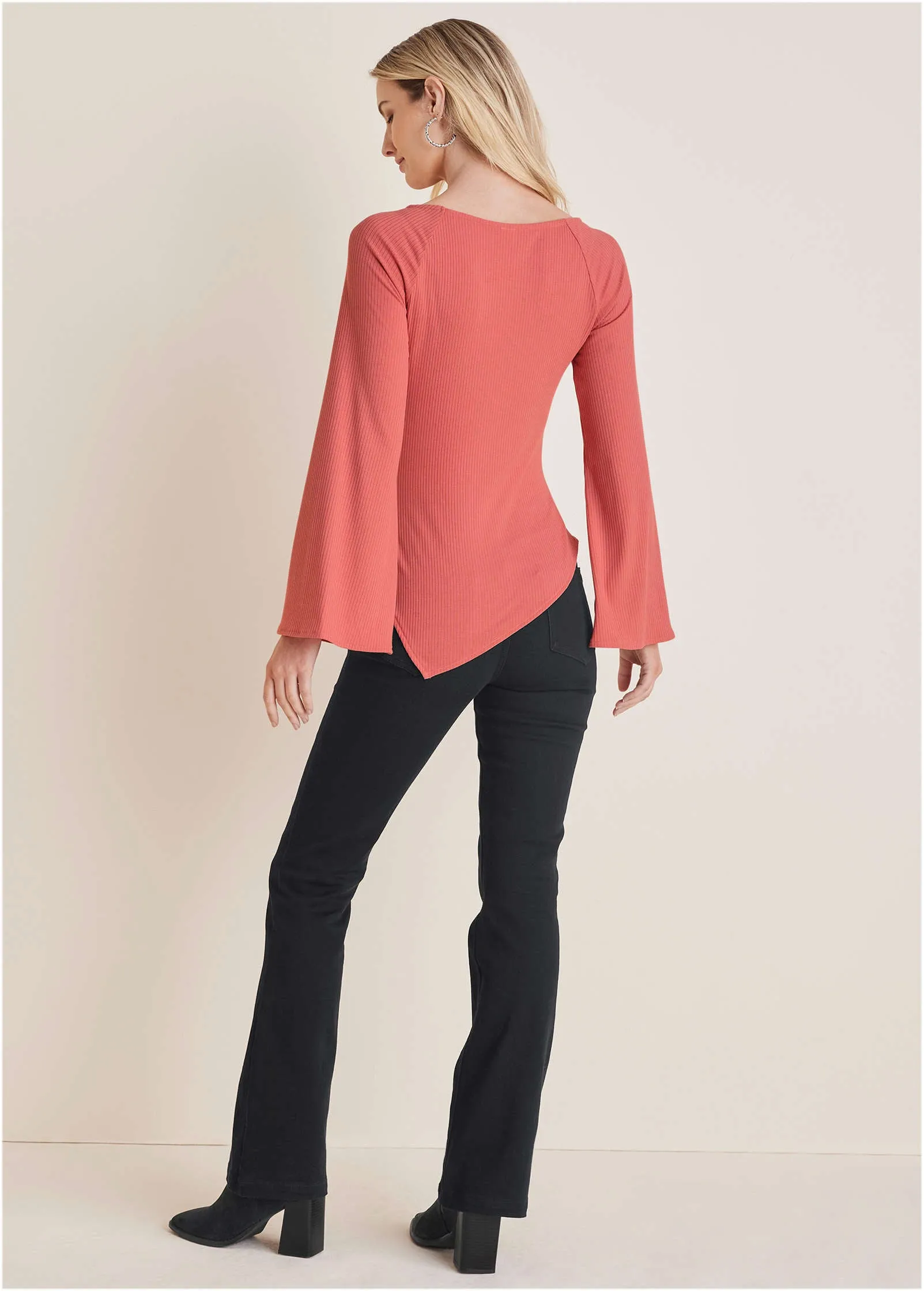 Ribbed Bell Sleeve Top - Mineral Red