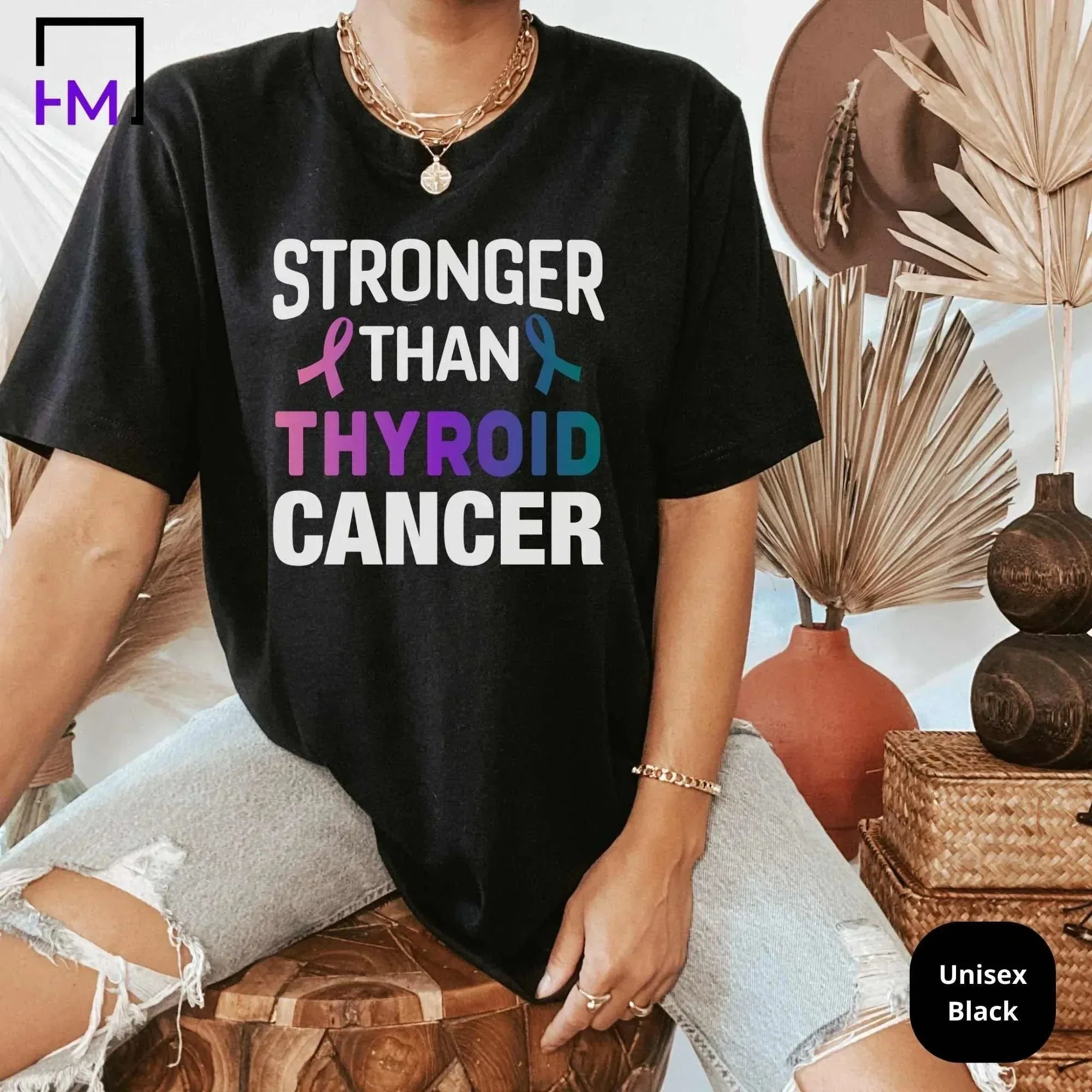 Stronger than Thyroid Cancer Shirt, Womens Cancer Fighter Tops, Survivor Gift for Her, Purple Teal Pink Ribbon, Thyroid Cancer Awareness