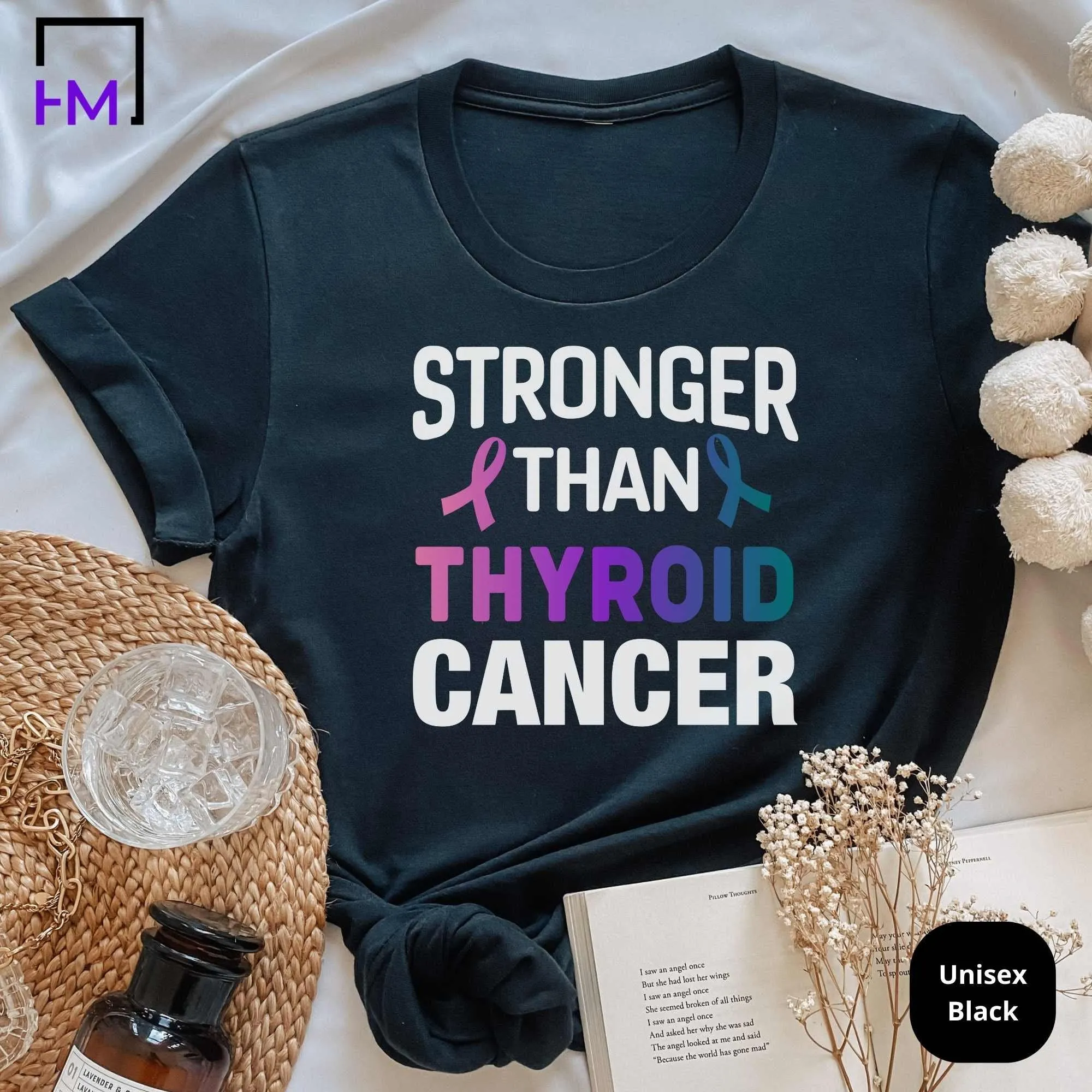 Stronger than Thyroid Cancer Shirt, Womens Cancer Fighter Tops, Survivor Gift for Her, Purple Teal Pink Ribbon, Thyroid Cancer Awareness