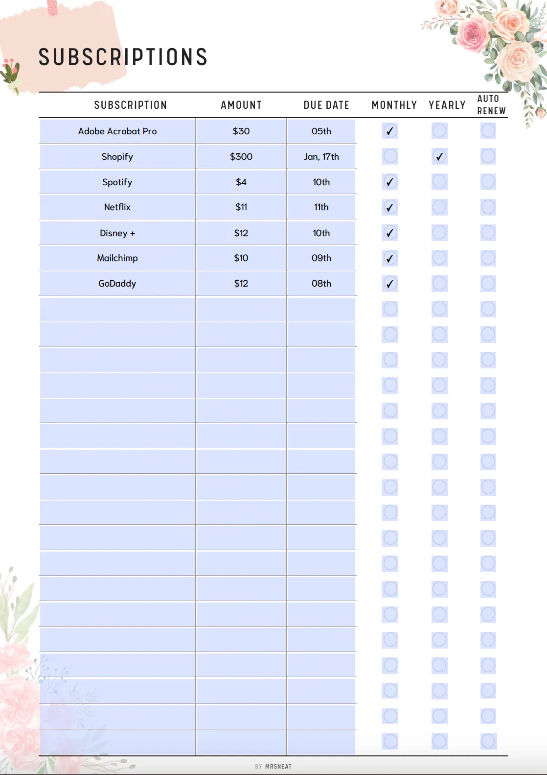 Subscription Tracker Printable - M111/2