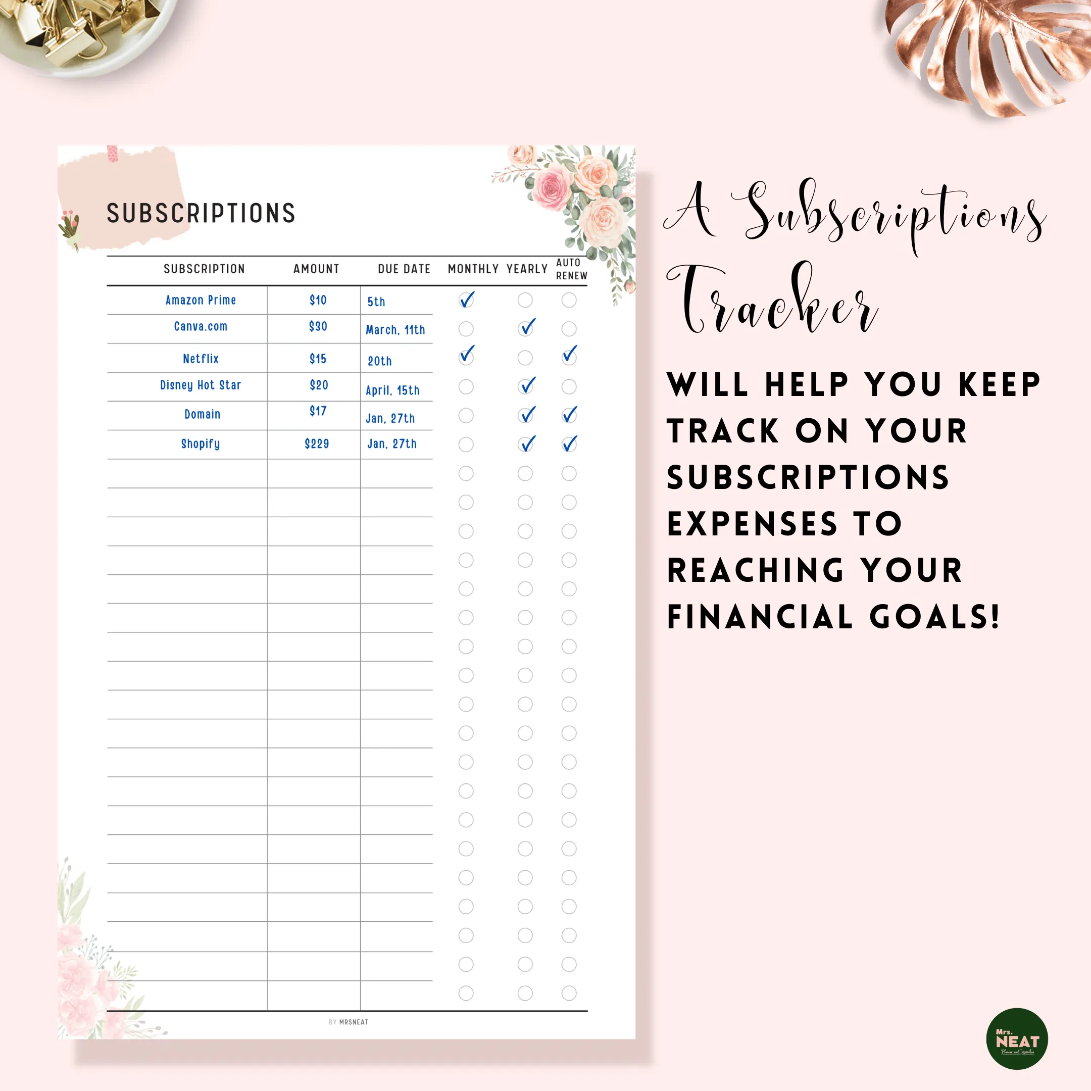 Subscription Tracker Printable - M111/2