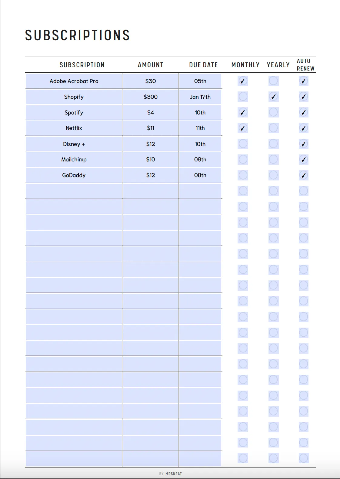 Subscription Tracker Printable - M111/2