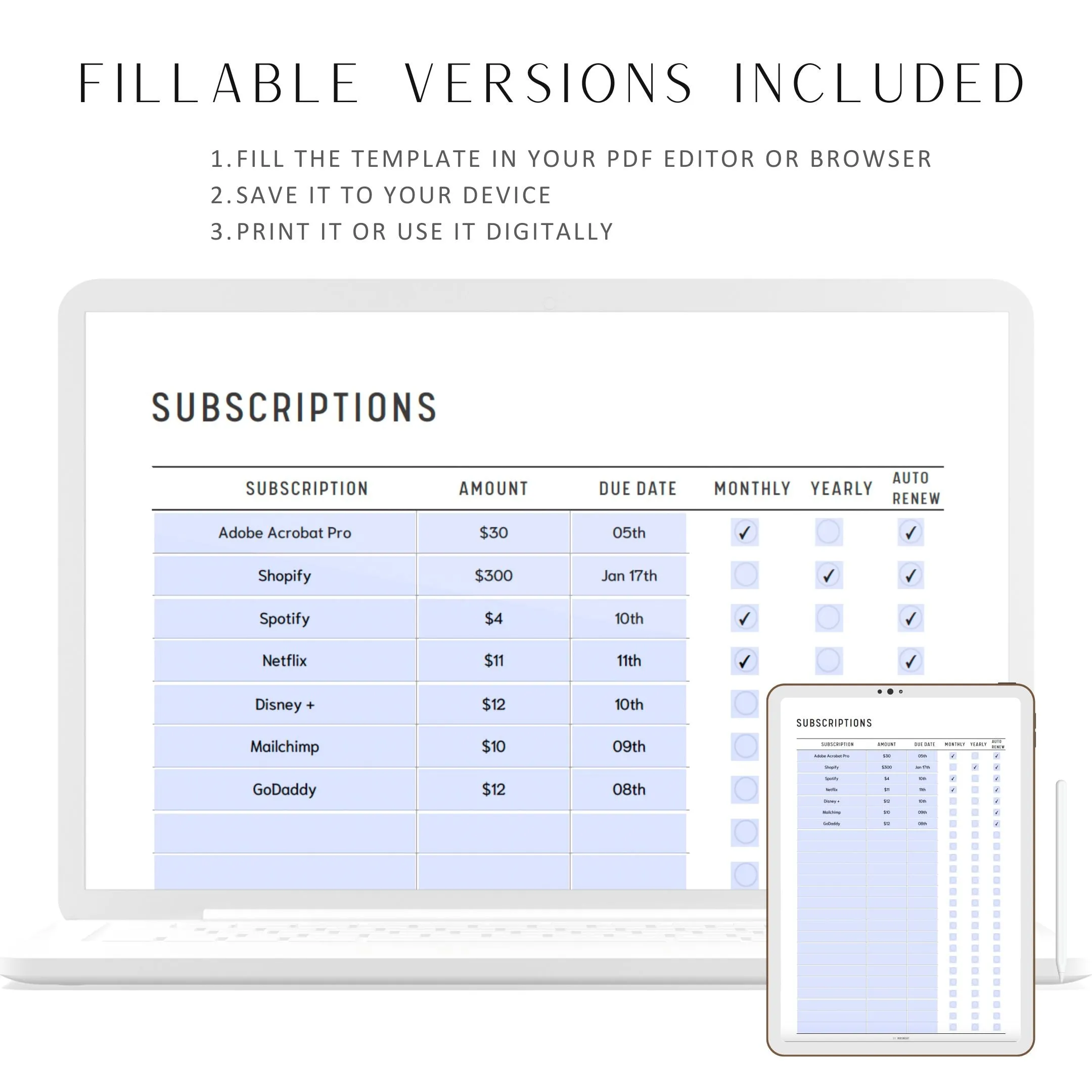 Subscription Tracker Printable - M111/2