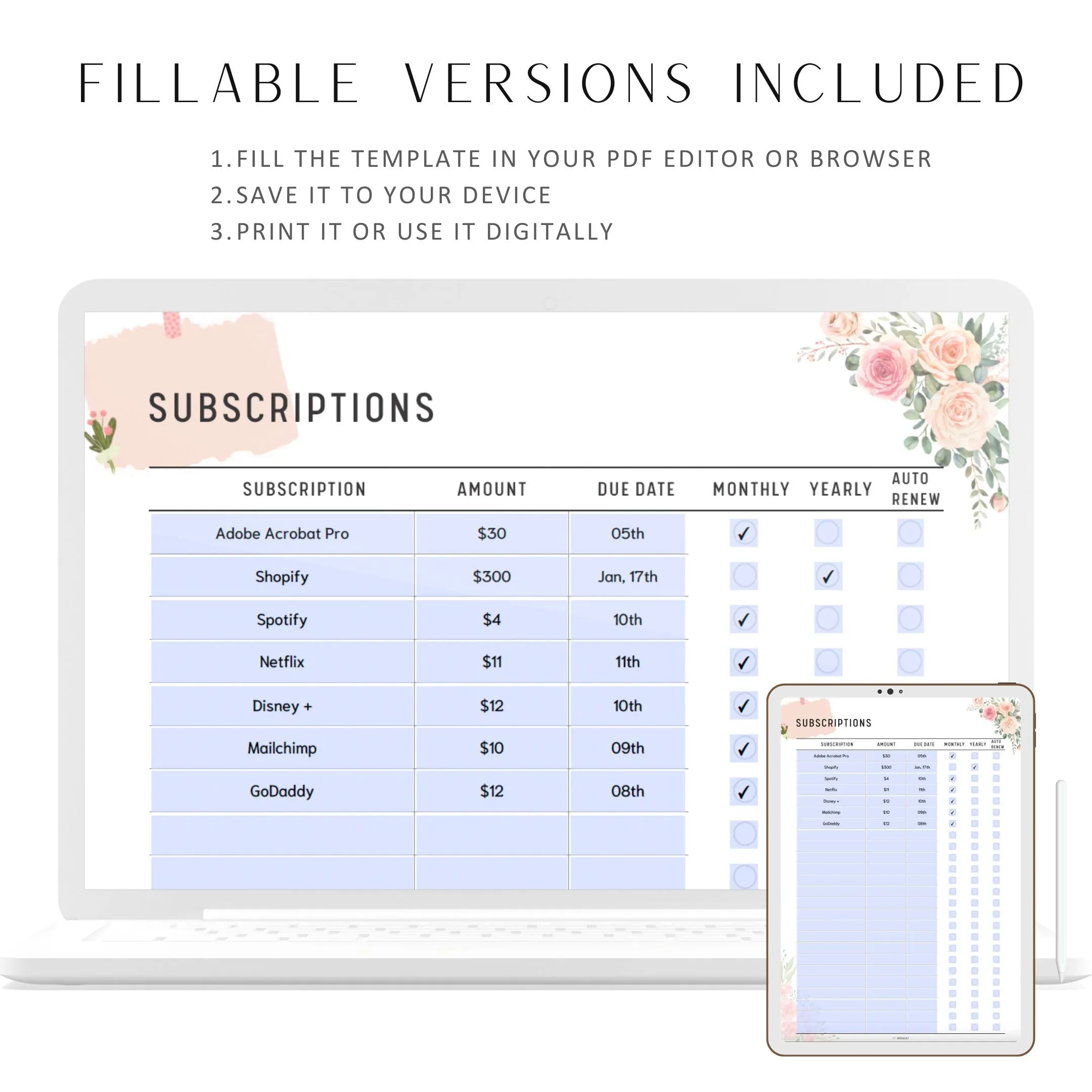 Subscription Tracker Printable - M111/2