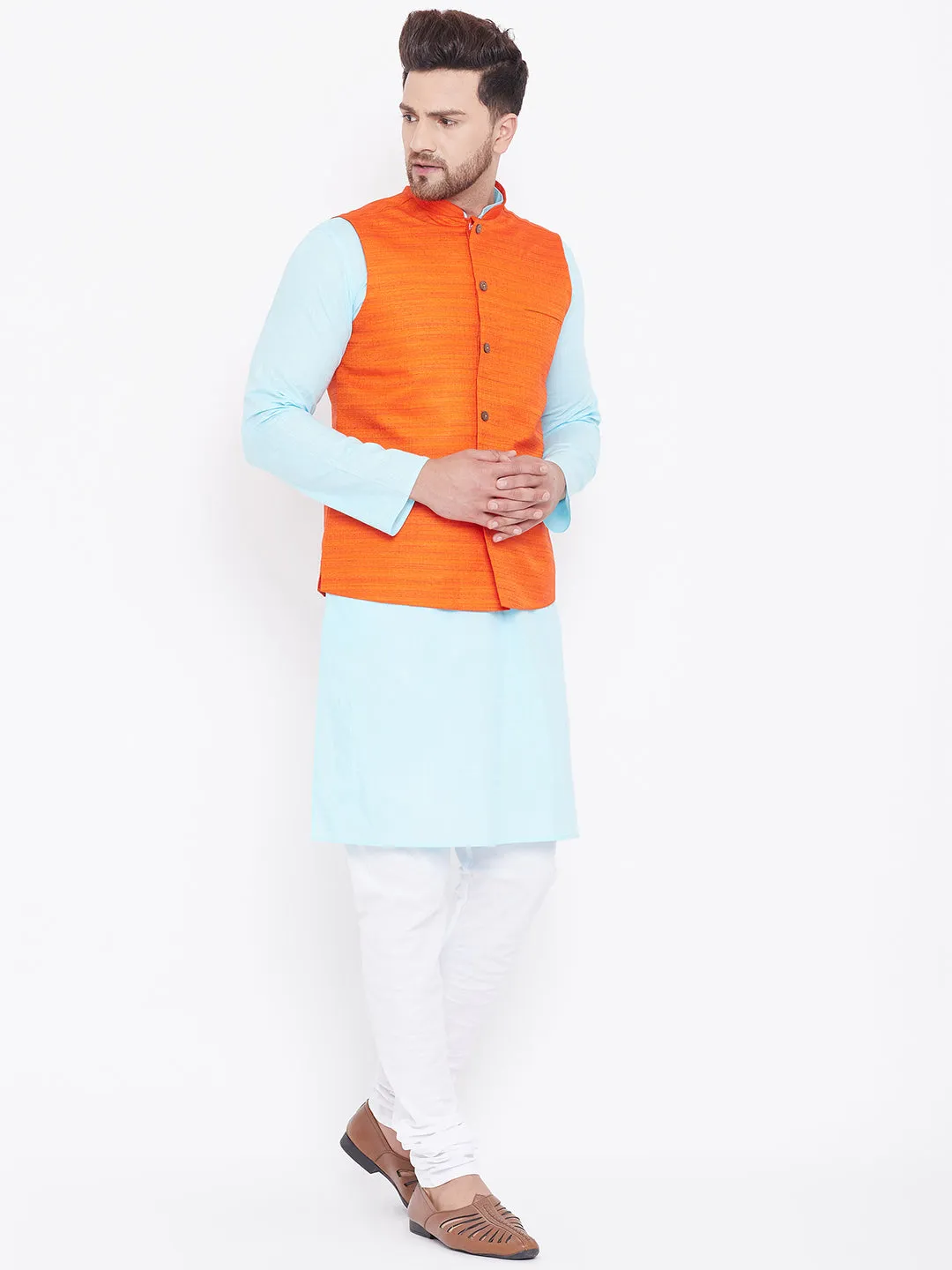 VASTRAMAY Men's Orange and Aqua Jacket Set