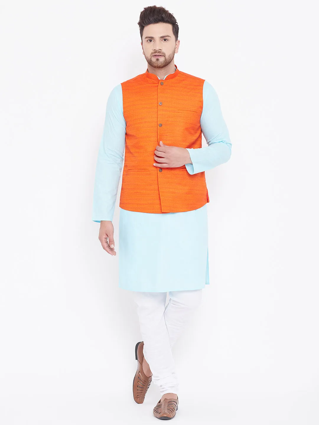 VASTRAMAY Men's Orange and Aqua Jacket Set