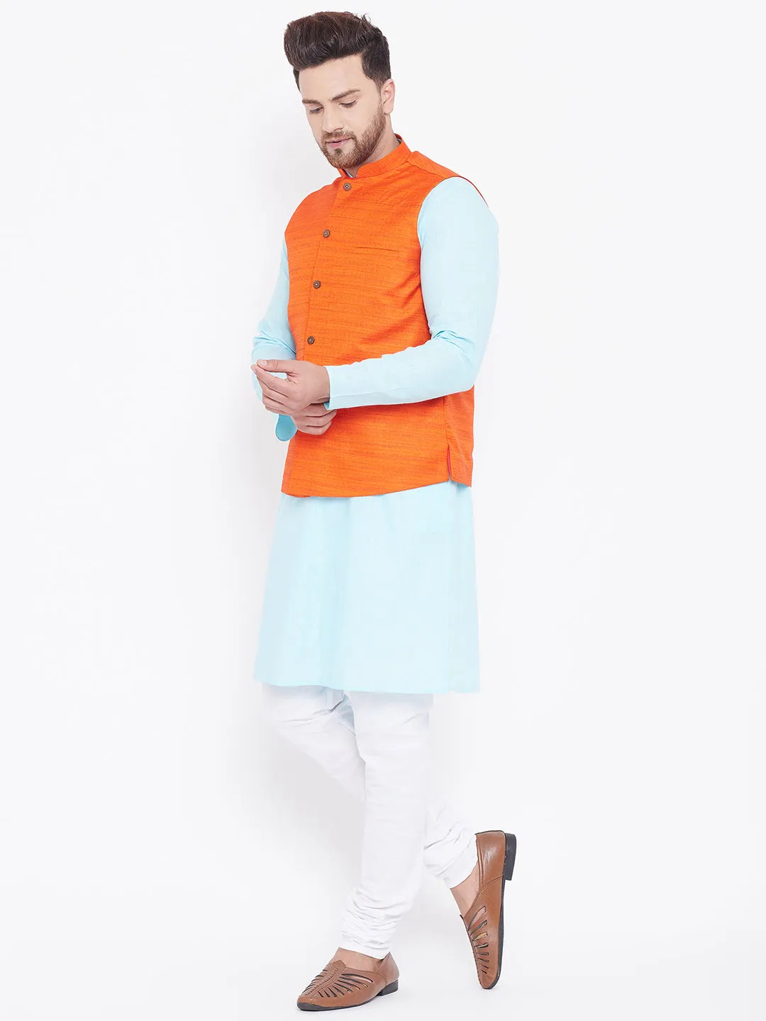 VASTRAMAY Men's Orange and Aqua Jacket Set