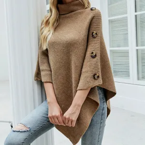 Womens Turtleneck Poncho with Side Buttons Details