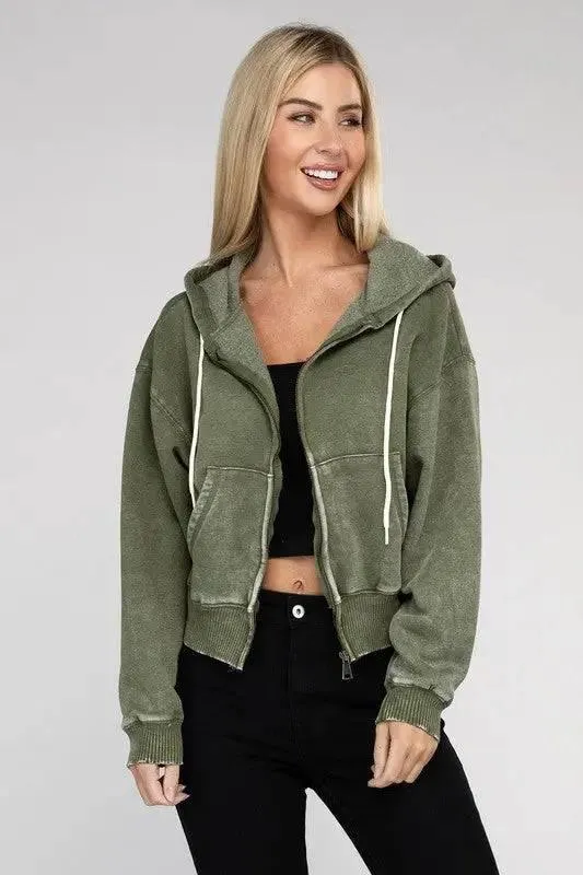 Zenana fleece cropped zip-up hoodie