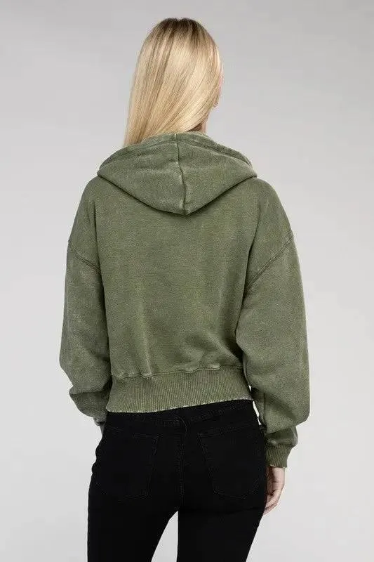 Zenana fleece cropped zip-up hoodie