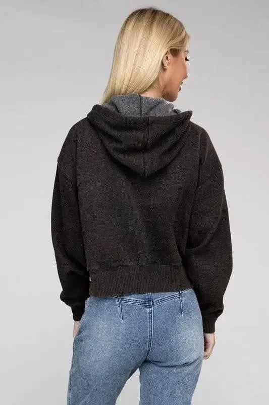 Zenana fleece cropped zip-up hoodie