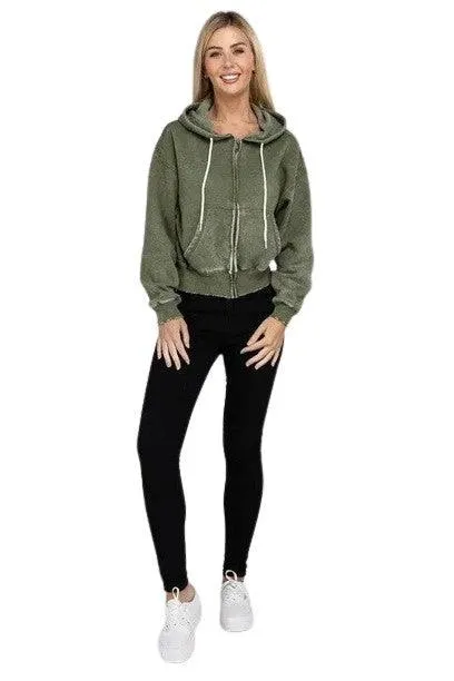 Zenana fleece cropped zip-up hoodie